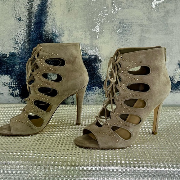 Ivanka Trump Taupe Lace-Up Heels - Picture 1 of 8